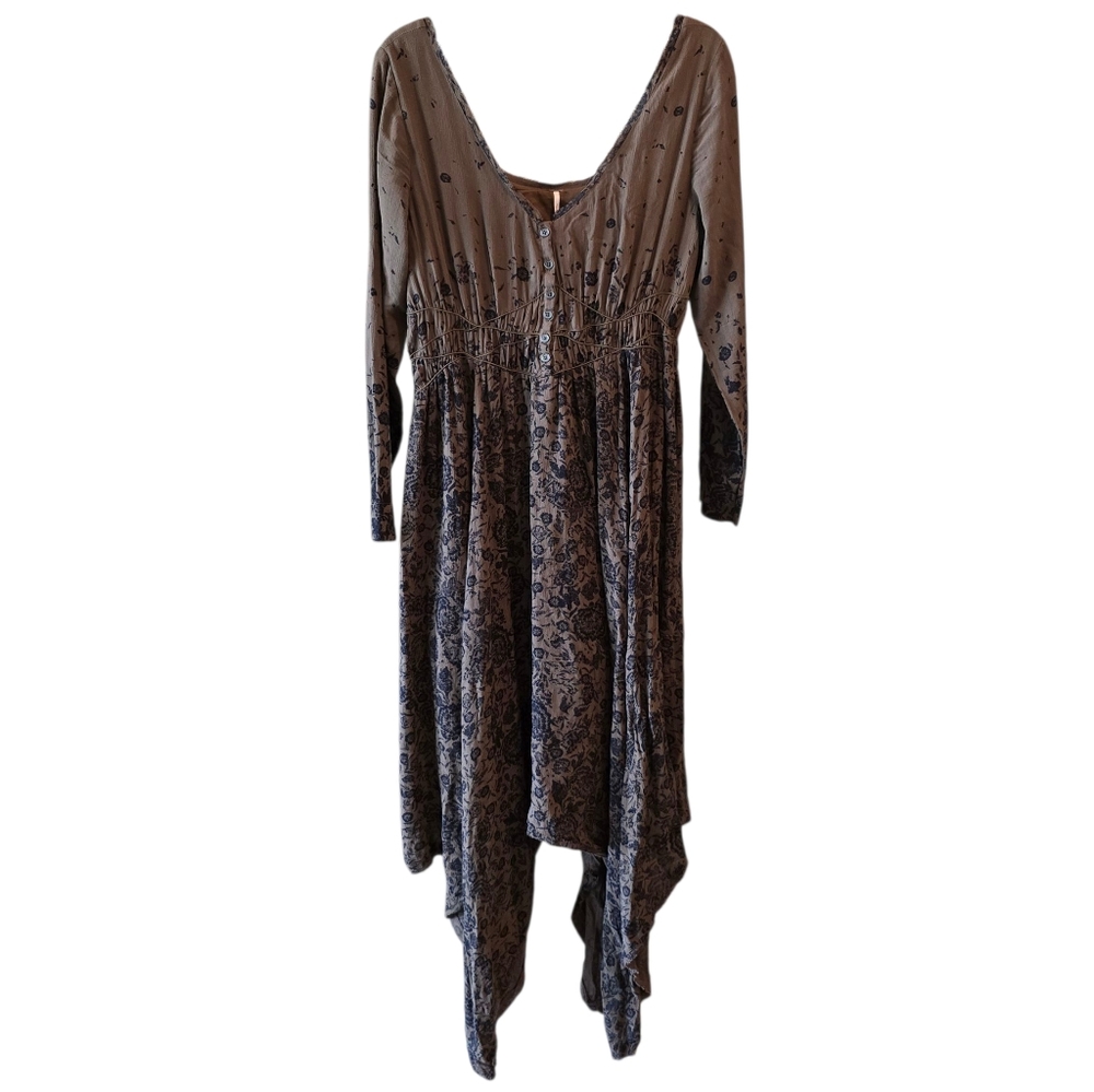 💜 Free People Brown and Black Long Sleeve Dress Fall Boho Floral - Picture 3 of 10